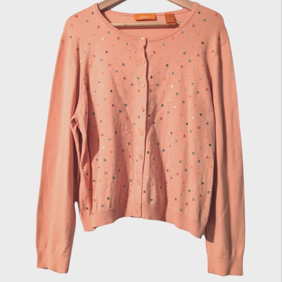 Intuitions Sequin Rayon Cotton Long Sleeve Button Down Crew Neck Cardigan Sweat - Picture 1 of 9